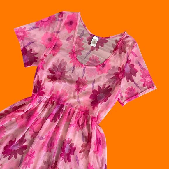 90's vintage pink mesh daisy floral dress swim cover up LARGE sessa - Picture 2 of 7